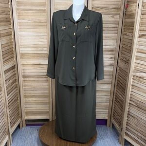 Momentum Elegant Olive Green Women's Love Sleeve Blouse & Skirt Set XL Vintage